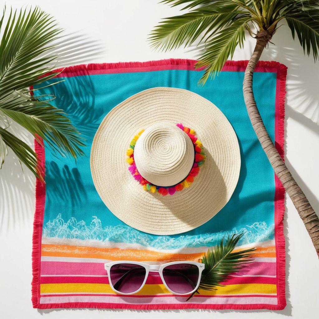 A vibrant summer scene featuring a stylish beach setting with a sun hat, oversized sunglasses, and a chic beach bag spread out on a colorful towel. Include tropical palm trees and a crystal-clear ocean in the background. Bright, lively colors and dynamic accessories should evoke a sense of vacation excitement. super-realistic. vibrant colors. white background.