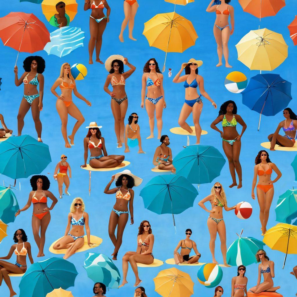 A sunlit beach scene featuring diverse individuals of various shapes and sizes confidently wearing stylish beachwear. They are enjoying the sun, playing beach volleyball, and relaxing under colorful umbrellas, showcasing vibrant swimwear patterns and accessories. The background includes gentle waves and a clear blue sky to evoke a sense of joy and inclusivity. super-realistic. vibrant colors. summer vibes.